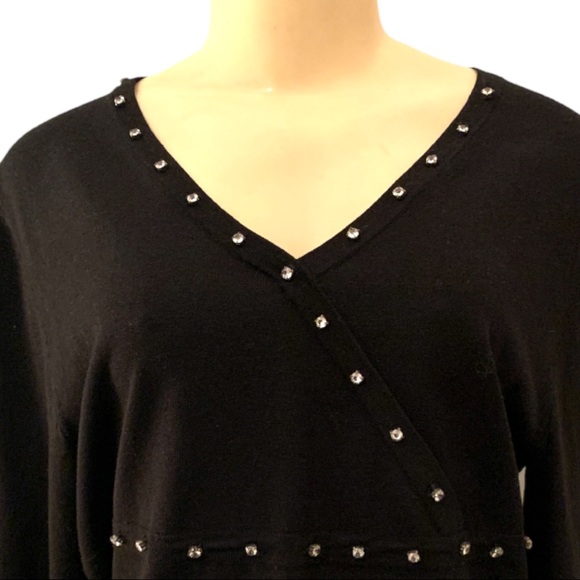SILK Spenser Jeremy Petite Gem Bead Embellished Black LS V Neck Dress Shirt Top - Picture 2 of 5
